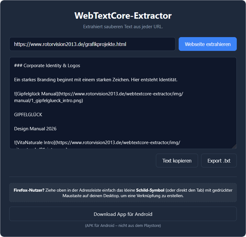 WebTextCore-Extractor Benutzeroberfläche